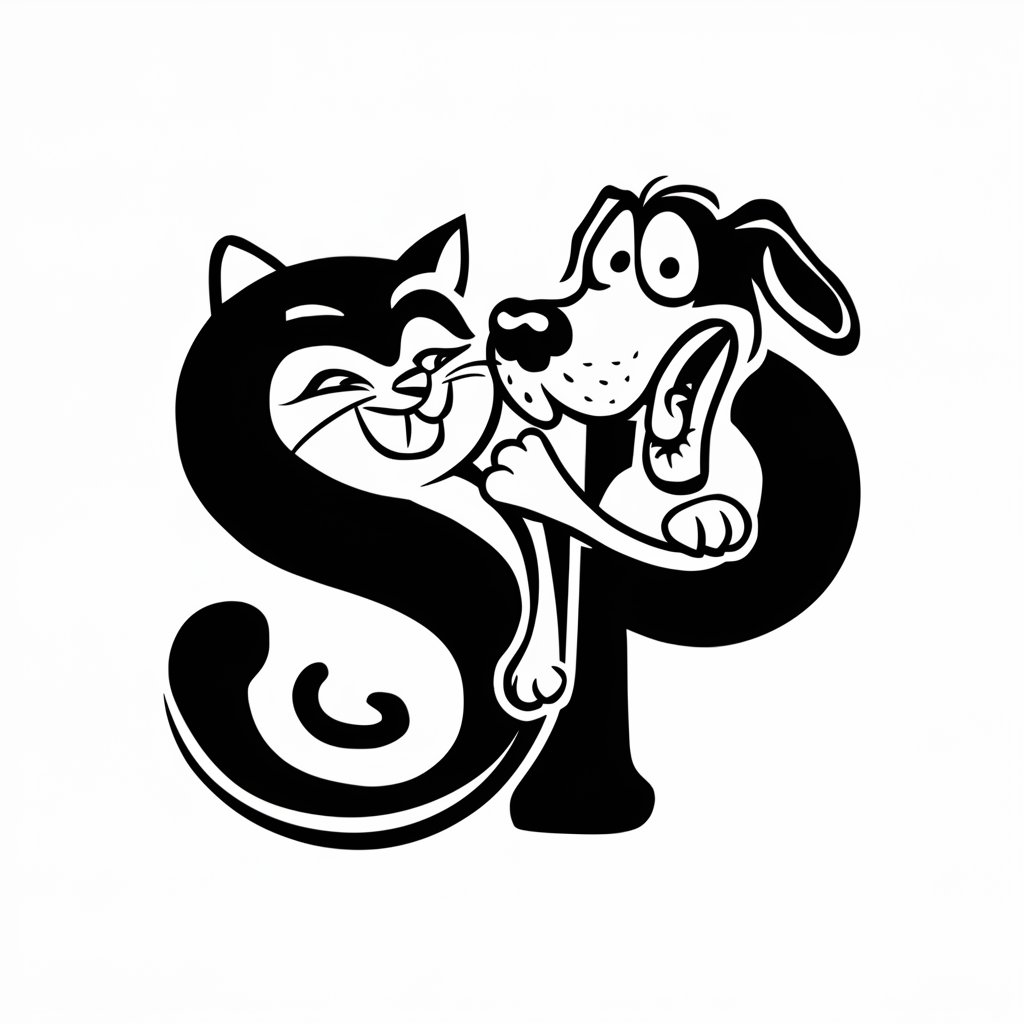 s ve p harflerini saran kedi ve köpekden oluşan logo